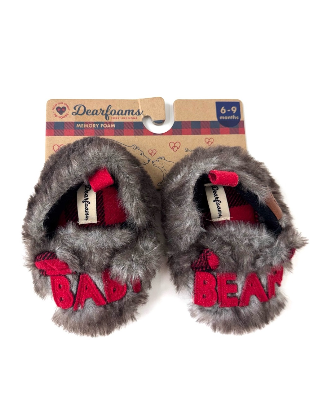 Dearfoams Baby Bear Slippers Red Plaid & Brown Frost Faux Fur New Size 6-9 Mo